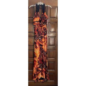 Gently Worn Unique Orange Print Beaded Long Gown By Niki Lucas Size 10